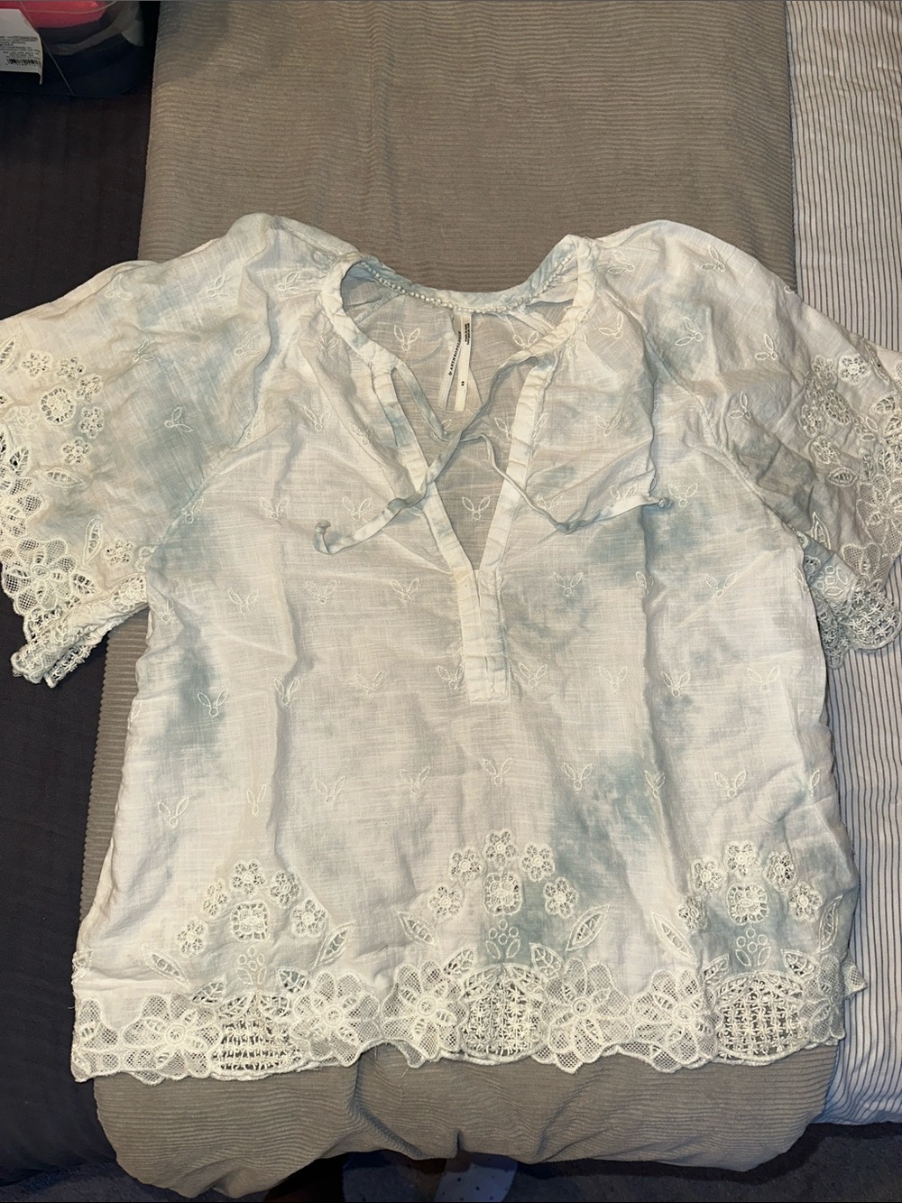 Anthropologie White Light Blue Lace-Trim Embroidered Peasant Blouse